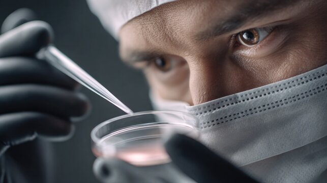 Focused scientist conducting laboratory experiment with pipette and petri dish for research and analysis