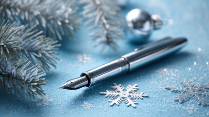 Snowflakes and pine branches with luxury pen for holiday gift campaigns, Christmas product launches, premium stationery ads, winter social media content, festive email marketing

