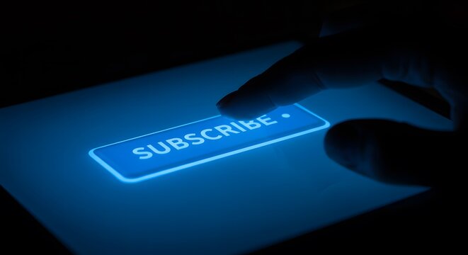 Digital Subscription: A Finger Taps the Glowing Subscribe Button on a Tablet Screen