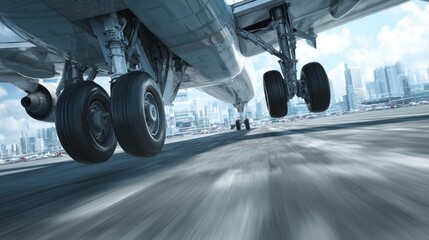 Airplane landing, city in background