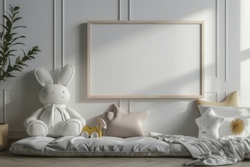 Mock up frame in unisex children room interior background, 3D render