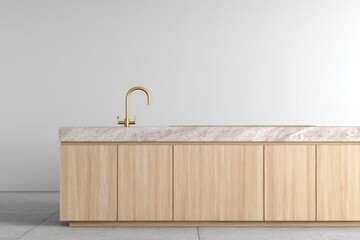 Fototapeta premium Contemporary kitchen countertop and cabinets with gold faucet.