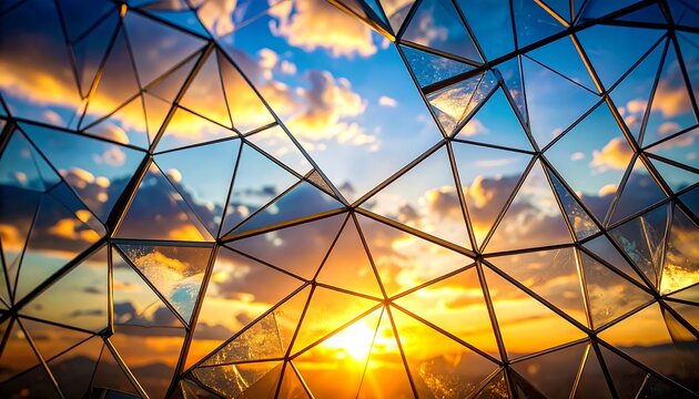 Geometric Glass Structure Framing Sunset Sky.