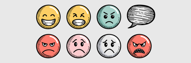 Fototapeta premium Sketchy emoticon faces with different expressions – Great for emotion-related content, social media graphics, or educational designs.