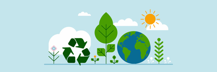 Naklejka premium Friendly eco icon set with heart-leaf tree and planet Earth – Suitable for climate advocacy, Earth Day promotions, or nature conservation content