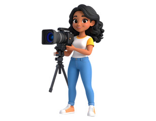 A smiling young woman character operates a professional video camera on a tripod, ready to capture footage.