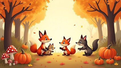 A cartoon depiction of a fox family in an autumn forest with pumpkins and mushrooms.