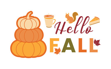 Hello fall autumn greeting with pumpkins and squirrels