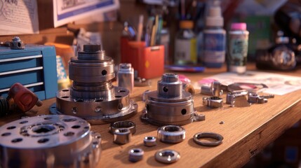 Close-up of assorted metal parts on a workbench