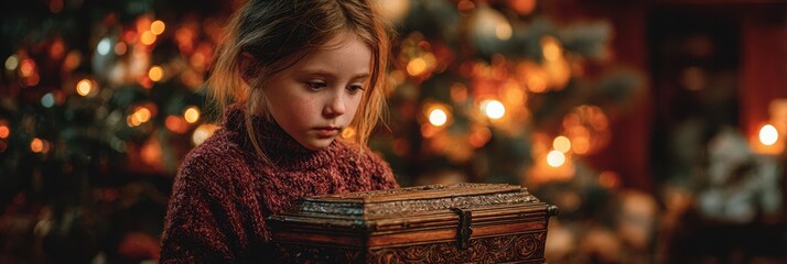 Young girl opens a wooden chest near a beautifully decorated Christmas tree filled with twinkling lights and festive decorations