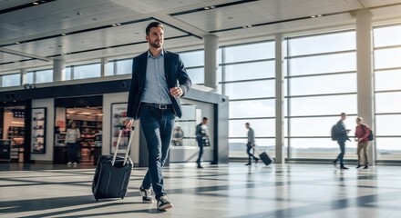 A confident businessman walks through a modern airport terminal pulling a suitcase. The scene captures mobility, professional travel, and a sense of anticipation en route to a destination.