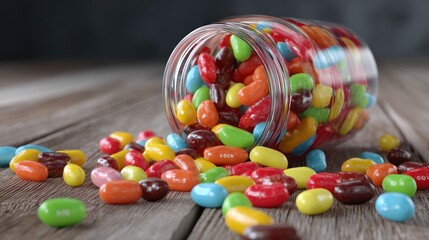 Colorful jelly beans spill from glass jar