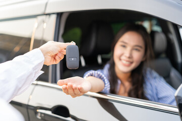 Business car rental, sell or buy service, dealership hand of agent dealer, sale young woman giving...