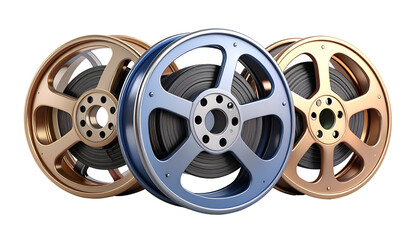 Obraz premium Three vintage-style film reels in gold, blue, and bronze metallic hues are displayed against a black background, showcasing their intricate details and classic design.
