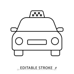 Taxi line icon with editable stroke. Vector outline of car with checker sign on roof. Minimalist symbol for transport, cab service, hotel transfer, travel, city mobility and urban design.