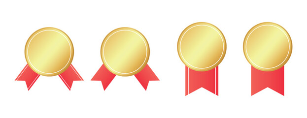 Gold medal with ribbon vector set. Award badges in red.
