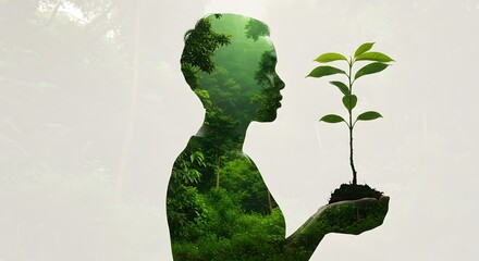 Silhouette of an environmental activist combined with green forests, sustainability concept double exposure