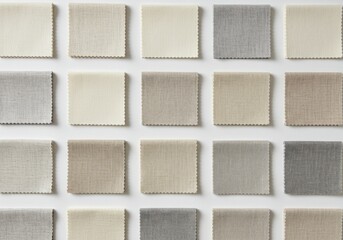 Fototapeta premium Neutral fabric swatches arranged neatly in a grid showcasing texture and subtle color variations for interior design
