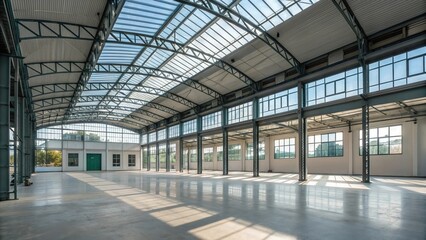 Ultra Realistic Photo of Empty Industrial Building with Steel Frame Structure and Glass Roof