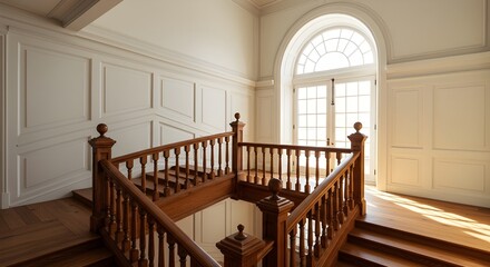 Elegant wooden staircase with classic railing in bright interior