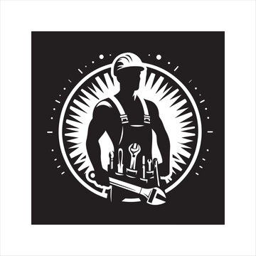 recommend clip art: Construction worker with helmet vector silhouette outline logo design concept illustration