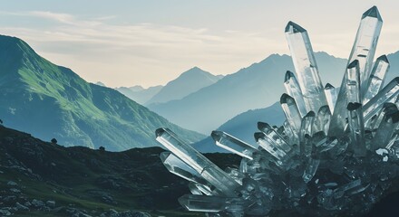 Crystal shards merged with mountain landscapes, surreal nature double exposure