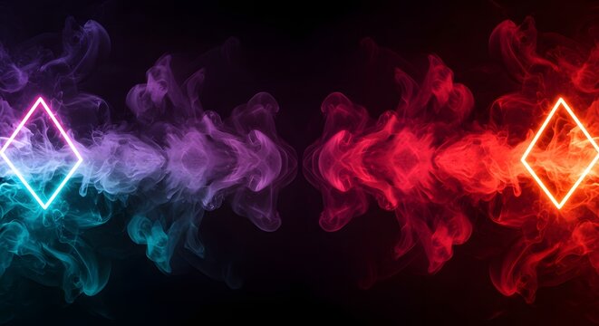 Abstract smoke trails blended with neon lights, futuristic double exposure