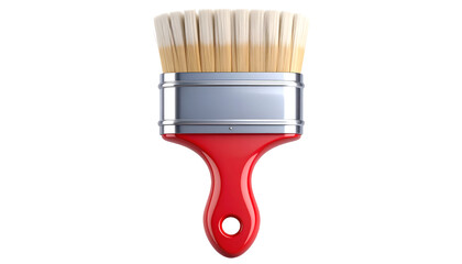 A paint brush with a red handle and silver ferrule, featuring light brown bristles, is ready for painting projects in the studio.