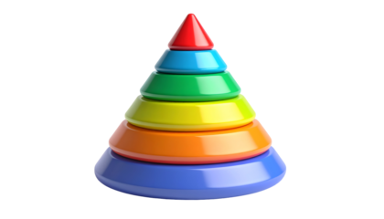 A colorful stack of plastic rings arranged in a pyramid shape, a classic children's toy for developing motor skills and coordination.