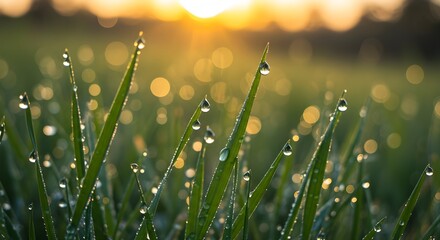 Fototapeta premium Morning Dew on Green Grass Blades with Sunrise Light