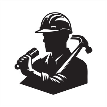 recommend clip art: Construction worker with helmet vector silhouette outline logo design concept illustration