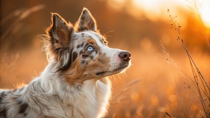 Blue-eyed merle herding dog portrait in autumn meadow with warm golden bokeh