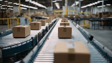 Efficient packaging process in warehouse with cardboard boxes on conveyor belts, showcasing logistics and distribution operations. scene conveys sense of productivity and organization