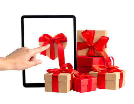 A hand touches a heart-shaped gift on a tablet, surrounded by presents, symbolizing online shopping for special occasions. - Powered by Adobe