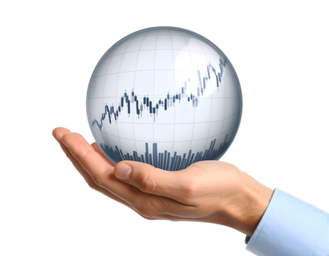 A hand gently holds a transparent sphere showcasing a positive stock market trend, signifying financial growth and opportunity.