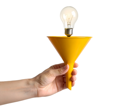 Hand holding a yellow funnel with a glowing light bulb on top, illustrating the concept of idea generation and refinement.