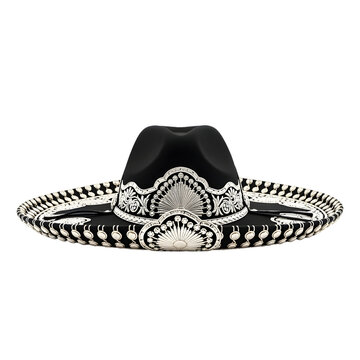 A black sombrero with white embellishments on white or transparent background