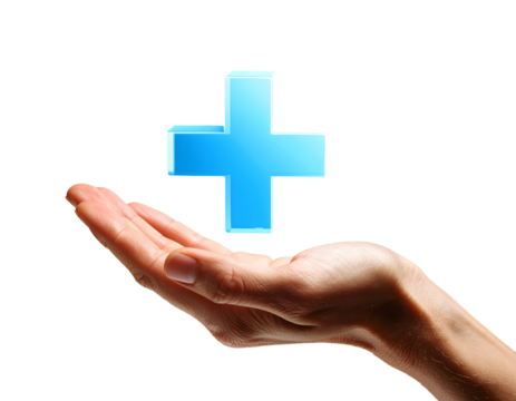 Hand offering a bright blue plus sign, representing concepts of health, growth, and positivity.