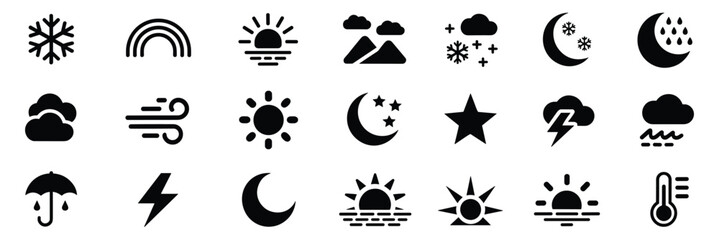 Fototapeta premium Black Weather and Moon Phase Icon Set – Minimalist Celestial and Climate Symbols