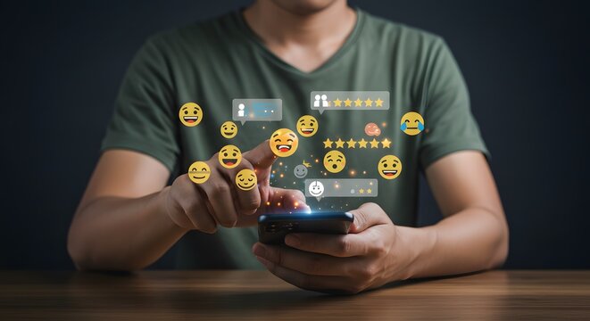Person Interacting with Emojis and Ratings on Smartphone