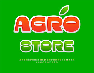 Naklejka premium Vector Modern flyer Agro Store. Fashion Green Font. Bright Uppercase Alphabet Letters and Numbers set.
