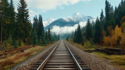 Scenic Train Tracks Through Lush Forest and Majestic Mountains