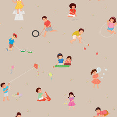 Multi ethnic children are playing various childhood games - Pattern for children fabric