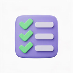 3d icon of a checklist with green checkmarks and blank items on a purple background