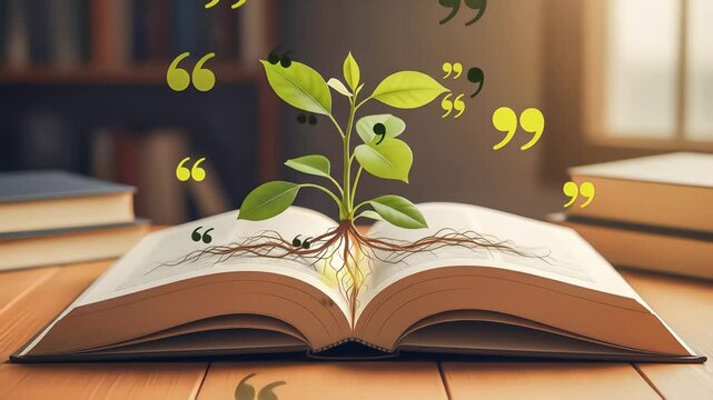 A plant with roots in an open book grows as quotation marks float around, symbolizing knowledge, wisdom, and the power of words