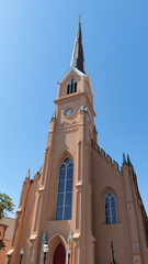 Low-angle view of the stunning St. Matthew's Lutheran Church, designed in the Gothic Revival style in Charleston, South Carolina