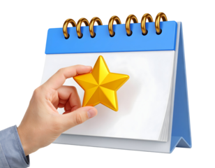 A hand places a golden star onto a blank desk calendar, symbolizing a special event or important date.