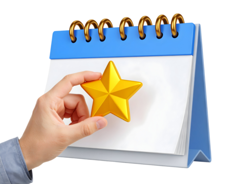 A hand places a golden star onto a blank desk calendar, symbolizing a special event or important date.
