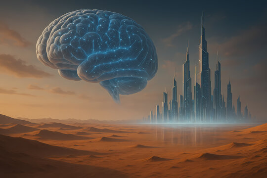 A colossal, glowing brain with neural networks hovers over a desert landscape towards a futuristic city.