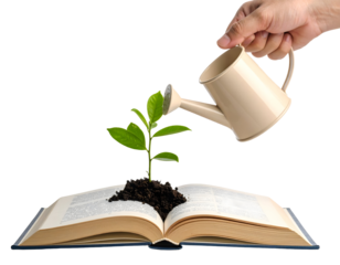 A hand gently waters a vibrant green seedling sprouting from an open book, symbolizing growth and knowledge.